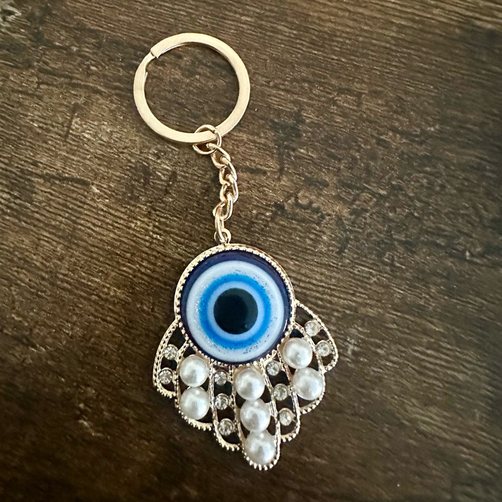 Blue Evil Eye Keychain with Gold Accents